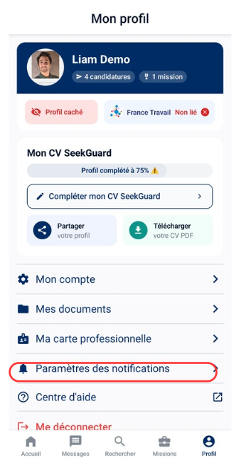 Écran de validation de la carte professionnelle